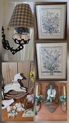 LOT 74D: Cute Country Decor Lot Including Oil Lamp with Black Metal Swing Arm, Wooden Rocking Horse, and More