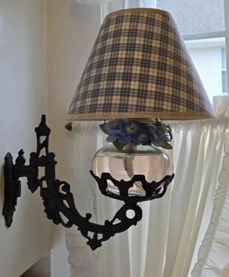LOT 74D: Cute Country Decor Lot Including Oil Lamp with Black Metal Swing Arm, Wooden Rocking Horse, and More