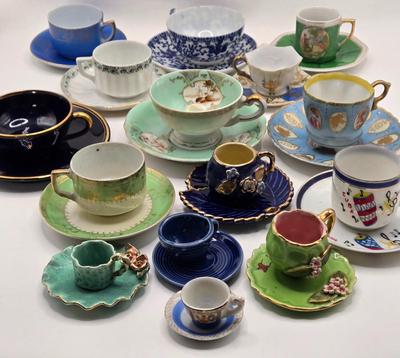 LOT 77X: Variety of Blue and Green & Souvenir Tea Cups and Saucers / Some Made in Occupied Japan