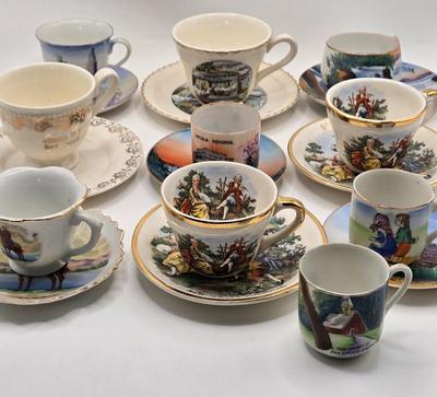 LOT 77X: Variety of Blue and Green & Souvenir Tea Cups and Saucers / Some Made in Occupied Japan