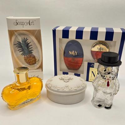 LOT 90X: Vintage Hostess Soap, Perfume Bottles, and Small Porcelain Trinket Box