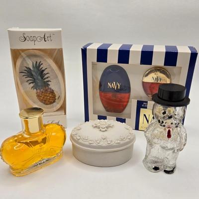 LOT 90X: Vintage Hostess Soap, Perfume Bottles, and Small Porcelain Trinket Box
