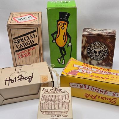 LOT 95X: Vintage Soaps Including Avon Mr. Peanut, Wild Country, and More/ Yes, and a Hot Dog Soap....