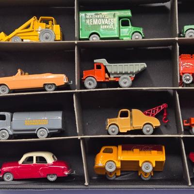 LOT 101X: Vintage Matchbox Series Carrying Case with Cars, Trucks, and More Inside