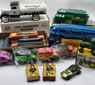 LOT 102X: Vintage Toys Including Hot Wheels 1968 Python, John Deere Tractor, Matchbox Football and Baseball Players, Lone Star Trains and...
