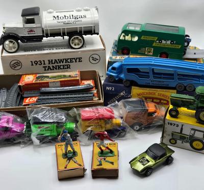 LOT 102X: Vintage Toys Including Hot Wheels 1968 Python, John Deere Tractor, Matchbox Football and Baseball Players, Lone Star Trains and...