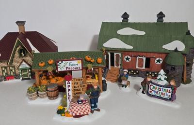 LOT 114X: Dept. 56 "Apple Valley School", " Farmer's Market", "Bieler Farm" , and " Christmas...