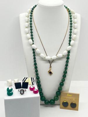 LOT 125J: Vintage Jewelry Lot: Lindenwold Jewelers Goldtone Cubic Zirconia 18" Necklace, 26" Green Beads, 18" White Beads,...