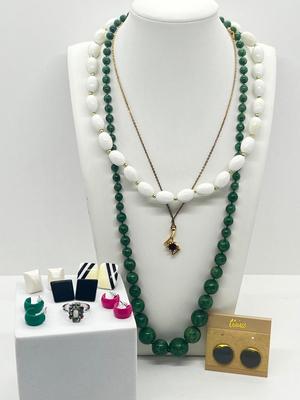 LOT 125J: Vintage Jewelry Lot: Lindenwold Jewelers Goldtone Cubic Zirconia 18" Necklace, 26" Green Beads, 18" White Beads,...