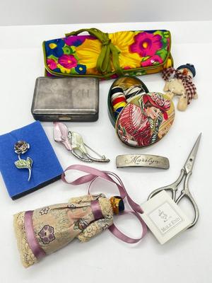 LOT 139J: Vintage Odds and Ends Collection: Silver Plated Box for Sweetener Packets, "Marilyn" Barette, Sewing Tin, Scissors...