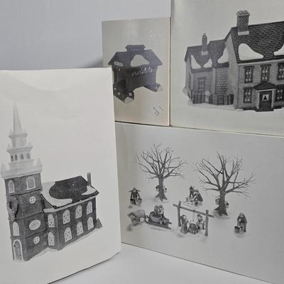 LOT 161X: Dept. 56 " Jannes Mullet Amish Farm House", "Red Covered Bridge", "Old North Church", and...