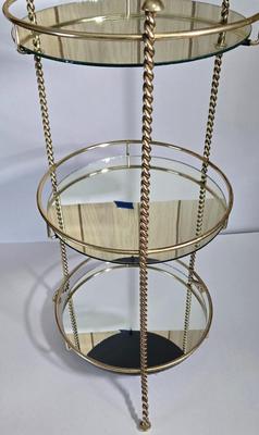 LOT 165X: MCM Wooden Magazine Holder and Brass-tone and Mirror Round Plant Stand/Side Table