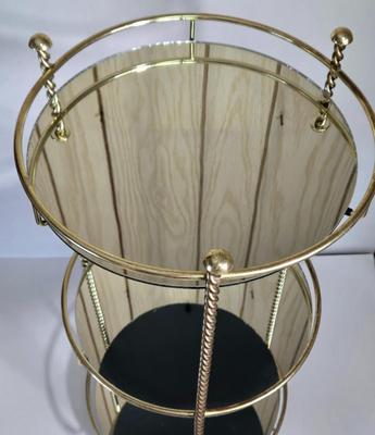 LOT 165X: MCM Wooden Magazine Holder and Brass-tone and Mirror Round Plant Stand/Side Table