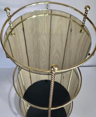 LOT 165X: MCM Wooden Magazine Holder and Brass-tone and Mirror Round Plant Stand/Side Table