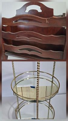 LOT 165X: MCM Wooden Magazine Holder and Brass-tone and Mirror Round Plant Stand/Side Table