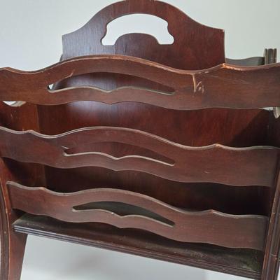 LOT 165X: MCM Wooden Magazine Holder and Brass-tone and Mirror Round Plant Stand/Side Table
