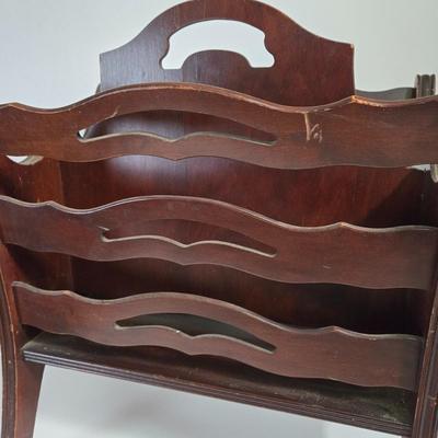 LOT 165X: MCM Wooden Magazine Holder and Brass-tone and Mirror Round Plant Stand/Side Table