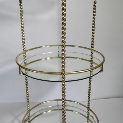 LOT 165X: MCM Wooden Magazine Holder and Brass-tone and Mirror Round Plant Stand/Side Table