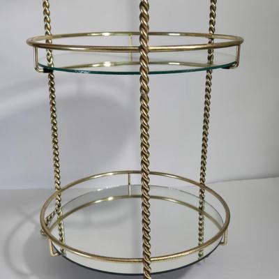 LOT 165X: MCM Wooden Magazine Holder and Brass-tone and Mirror Round Plant Stand/Side Table