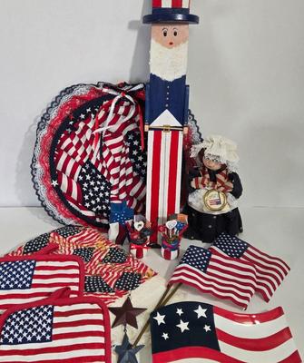 LOT 169X: "God Bless America" / Patriotic Lot Including Uncle Sam, Himself, Small Candy Dish, Pot Holders, Old Glory Drawn by...