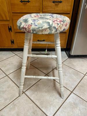 Wooden Stool with Floral Upholstered Seat