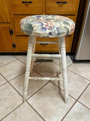 Wooden Stool with Floral Upholstered Seat