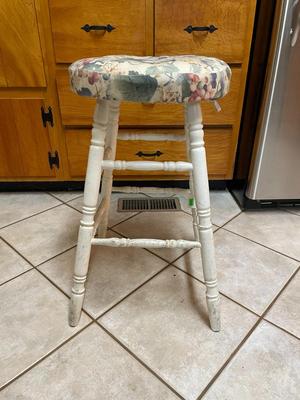 Wooden Stool with Floral Upholstered Seat