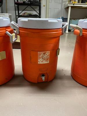 Three Home Depot 5-Gallon Beverage Coolers