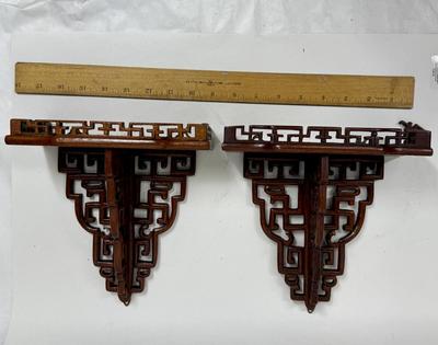 Vintage Pair of Chinoiserie Cherry Wood Wall Shelves