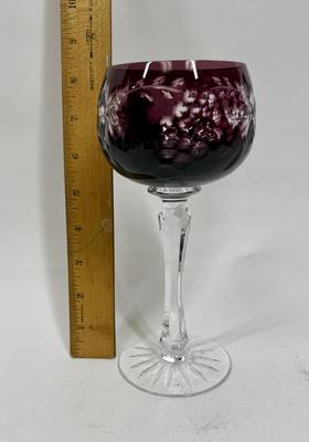 Bohemian Cut to Clear Deep Ruby Red Crystal Wine Glass Hock, Flower/Grape Motif