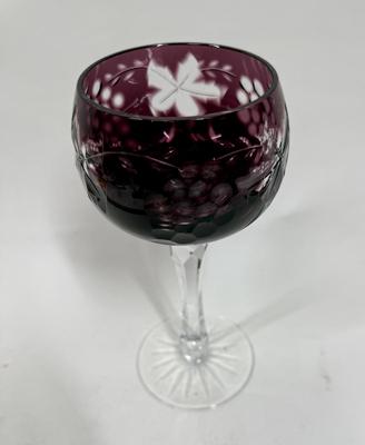 Bohemian Cut to Clear Deep Ruby Red Crystal Wine Glass Hock, Flower/Grape Motif