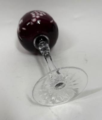 Bohemian Cut to Clear Deep Ruby Red Crystal Wine Glass Hock, Flower/Grape Motif