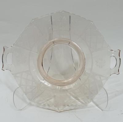 PINK DEPRESSION ERA GLASS CAKE PLATE WITH TWO HANDLES