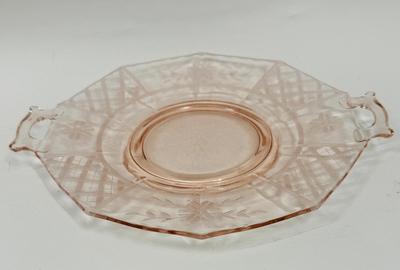 PINK DEPRESSION ERA GLASS CAKE PLATE WITH TWO HANDLES