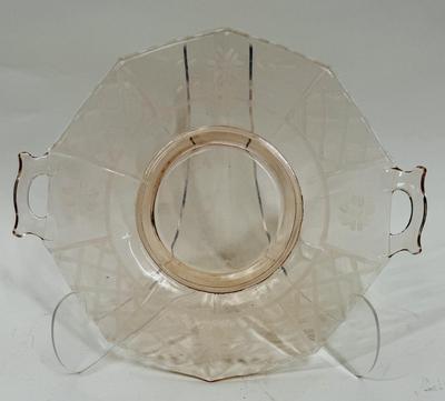 PINK DEPRESSION ERA GLASS CAKE PLATE WITH TWO HANDLES