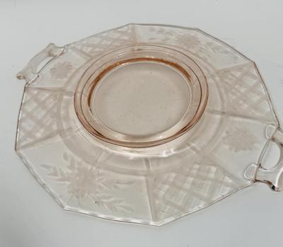 PINK DEPRESSION ERA GLASS CAKE PLATE WITH TWO HANDLES