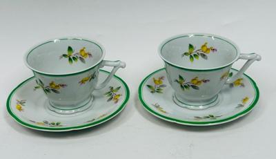 2 Teacup and Saucer sets - Green White with Yellow Flowers - made in Portugal