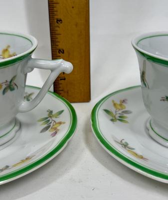 2 Teacup and Saucer sets - Green White with Yellow Flowers - made in Portugal