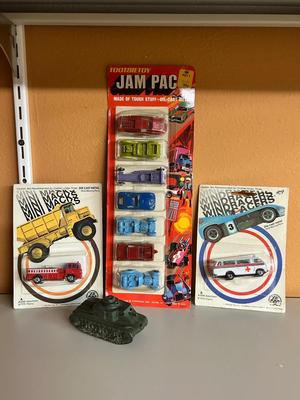 1971 TOOTSIE TOYS IN ORIGINAL PACKAGE, ALONG WITH 1976 MINI MACK AND WINDRACER & TOOTSIE TOY ARMY TANK