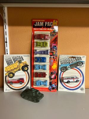 1971 TOOTSIE TOYS IN ORIGINAL PACKAGE, ALONG WITH 1976 MINI MACK AND WINDRACER & TOOTSIE TOY ARMY TANK
