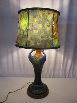 Antique Triple Peacock Art Nouveau Pottery Stand & Lamp Shade Table Lamp