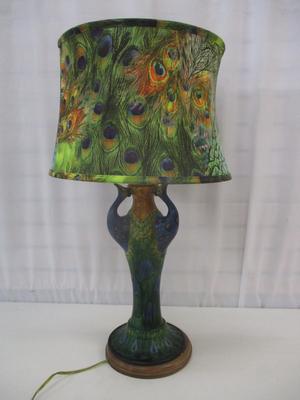 Antique Triple Peacock Art Nouveau Pottery Stand & Lamp Shade Table Lamp