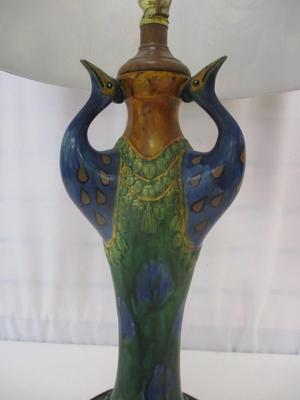 Antique Triple Peacock Art Nouveau Pottery Stand & Lamp Shade Table Lamp