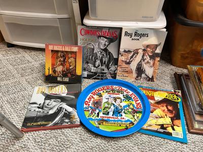 ROY ROGERS LITERATURE, WALL CLOCK AND COLLECTIBLE TIN