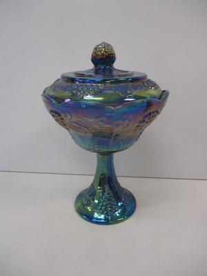 Vintage 1970's Indiana Blue Carnival Glass Jar Pedestal Candy Dish