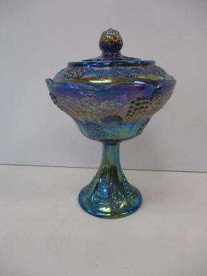 Vintage 1970's Indiana Blue Carnival Glass Jar Pedestal Candy Dish
