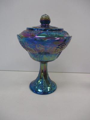 Vintage 1970's Indiana Blue Carnival Glass Jar Pedestal Candy Dish