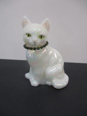 Vintage Fenton Iridescent Glass White Cat Signed K. Brightbill