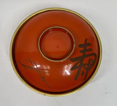 Japanese Lacquer Bowl with Lid orange and black chinoiserie