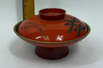 Japanese Lacquer Bowl with Lid orange and black chinoiserie